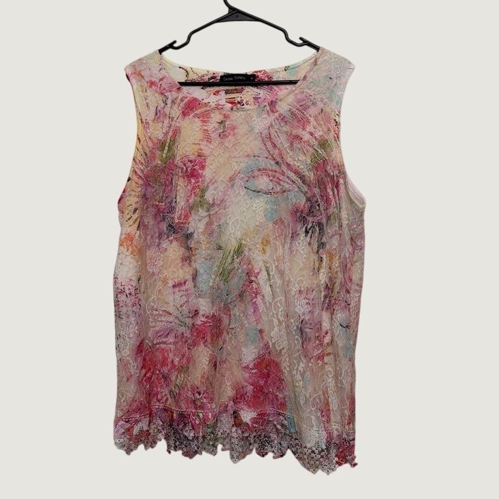 Casual Express Tank Top XL Floral Lace Sleeveless Scallop Hem Pink Multi XL